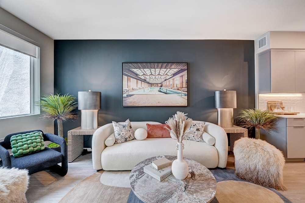 Living room with couch and view at The Ellison in Las Vegas, Nevada