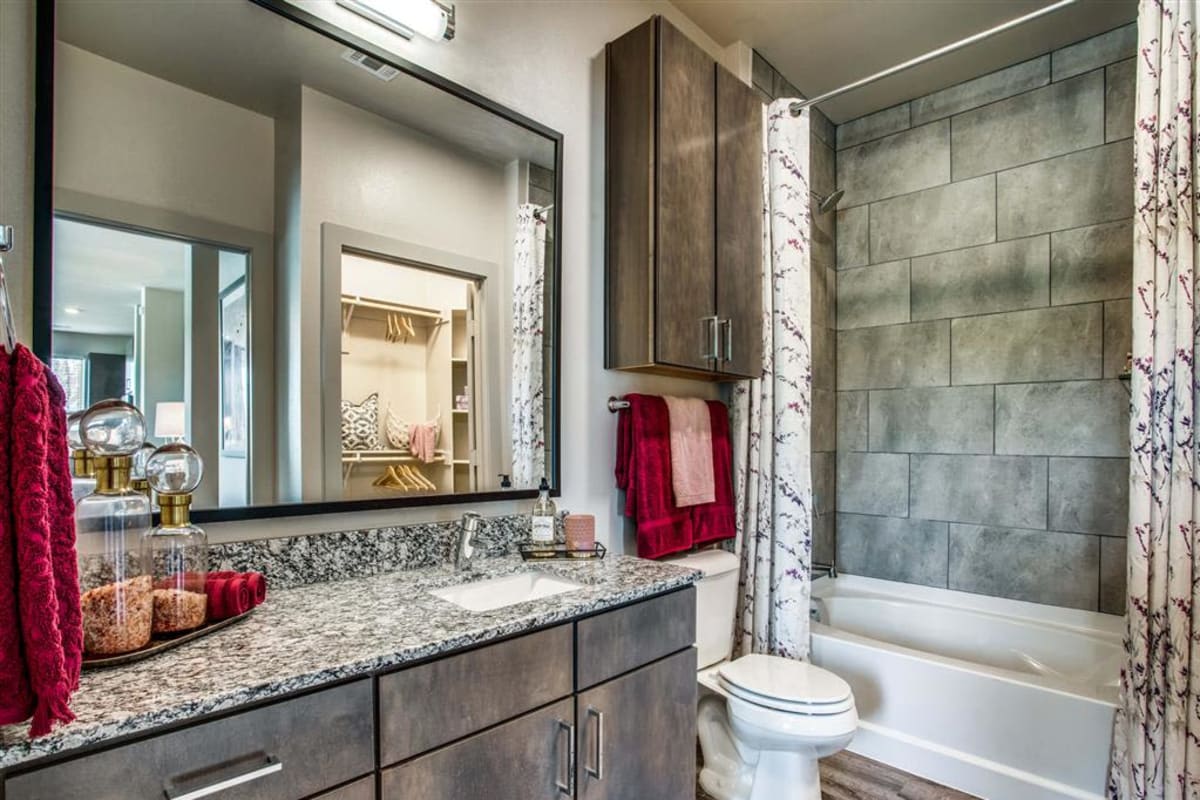 Bathroom in an apartment at Waters Edge at Mansfield in Grand Prairie, Texas