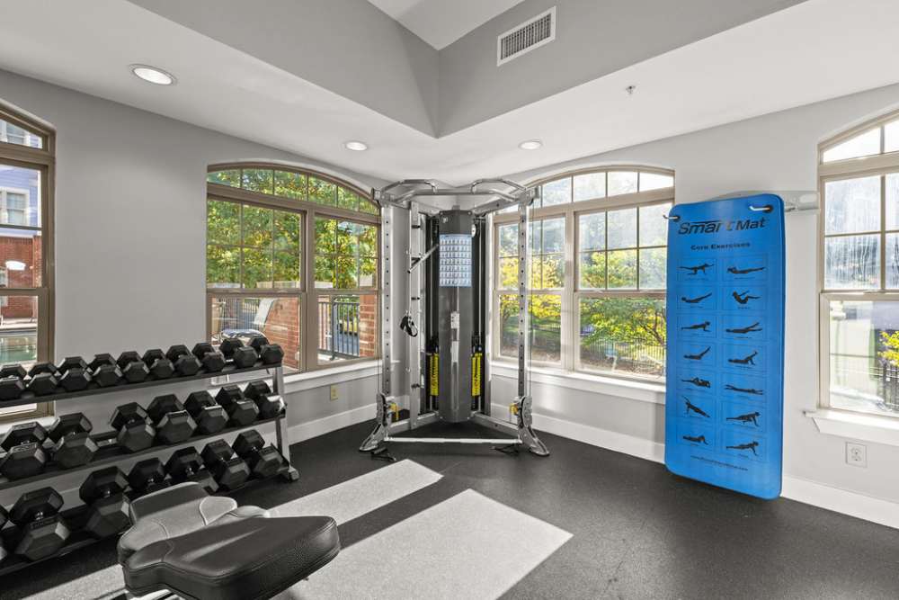 Fitness center weights area at Cedar Flats in Charlotte, North Carolina