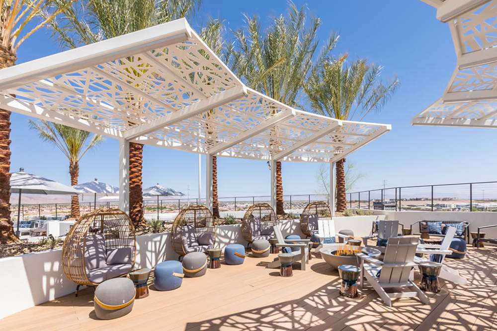 Outdoor lounge area with firepits at The Ellison in Las Vegas, Nevada