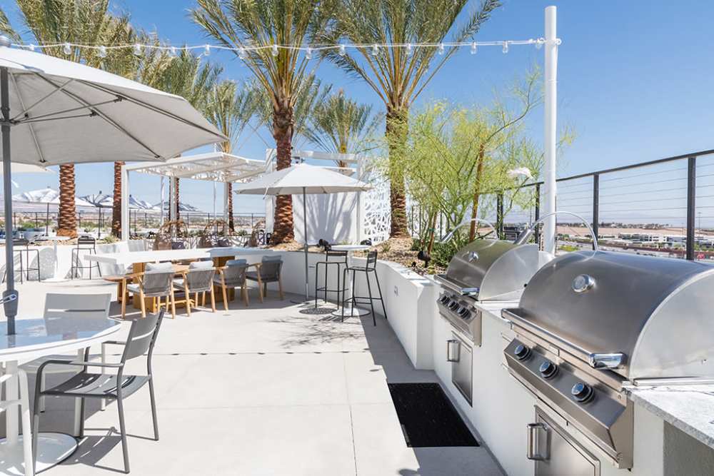 Rooftop deck BBQ dining area at The Ellison in Las Vegas, Nevada