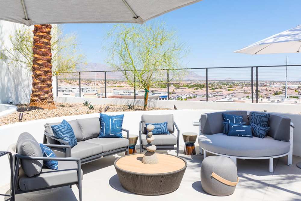 Community seating area in the rooftop deck at The Ellison in Las Vegas, Nevada
