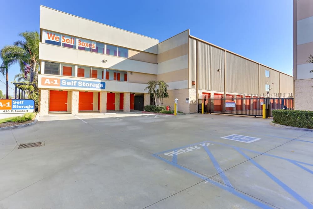 The front entrance to A-1 Self Storage in La Habra, California