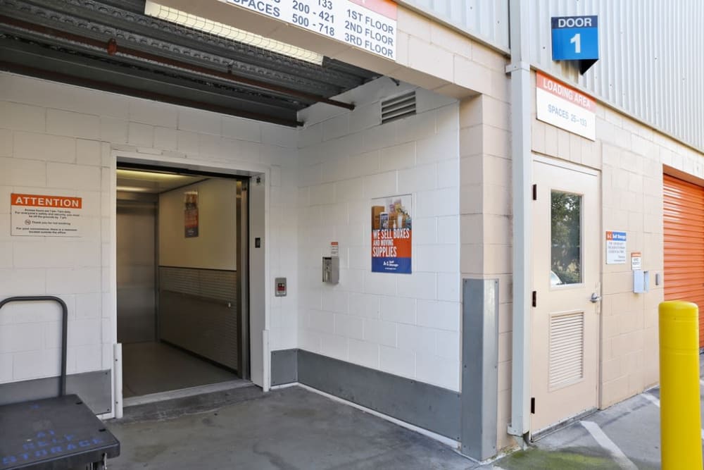 The freight elevator with outside access at A-1 Self Storage in Torrance, California