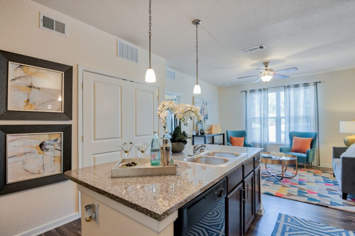 Apartment kitchen and living room at Apalachee Point in Tallahassee, Florida