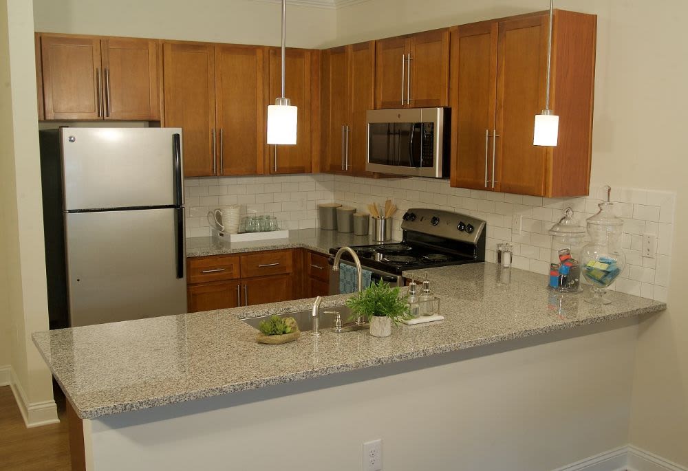 Sleek kitchen with stainless steel appliances at Encore North in Greensboro, North Carolina