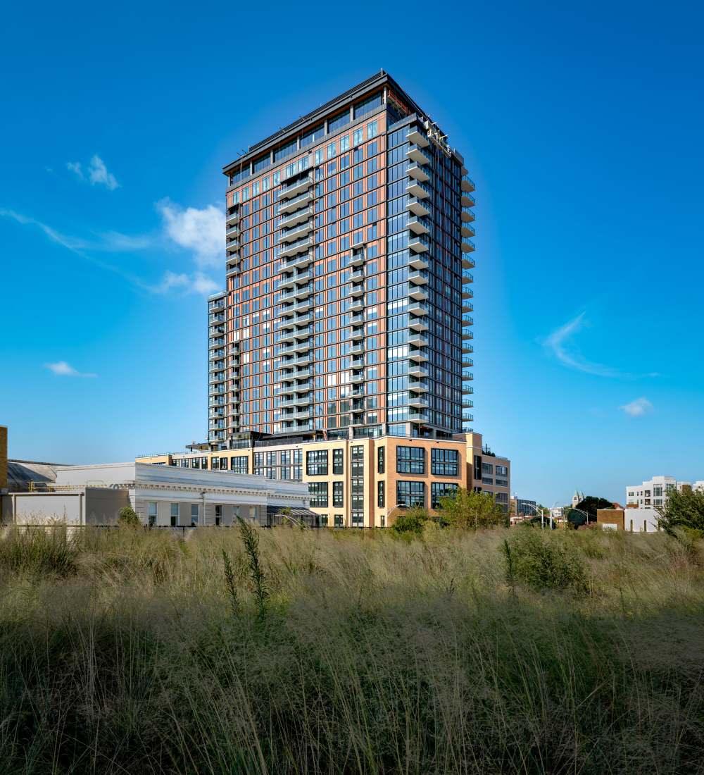 Exterior view of the building at The Novus Apartments in Durham, North Carolina