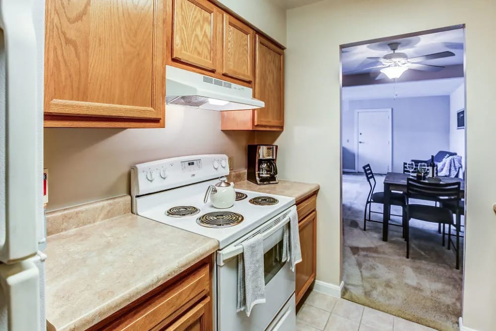 A kitchen at Reserve at Ft. Mitchell Apartments in Ft. Mitchell, Kentucky