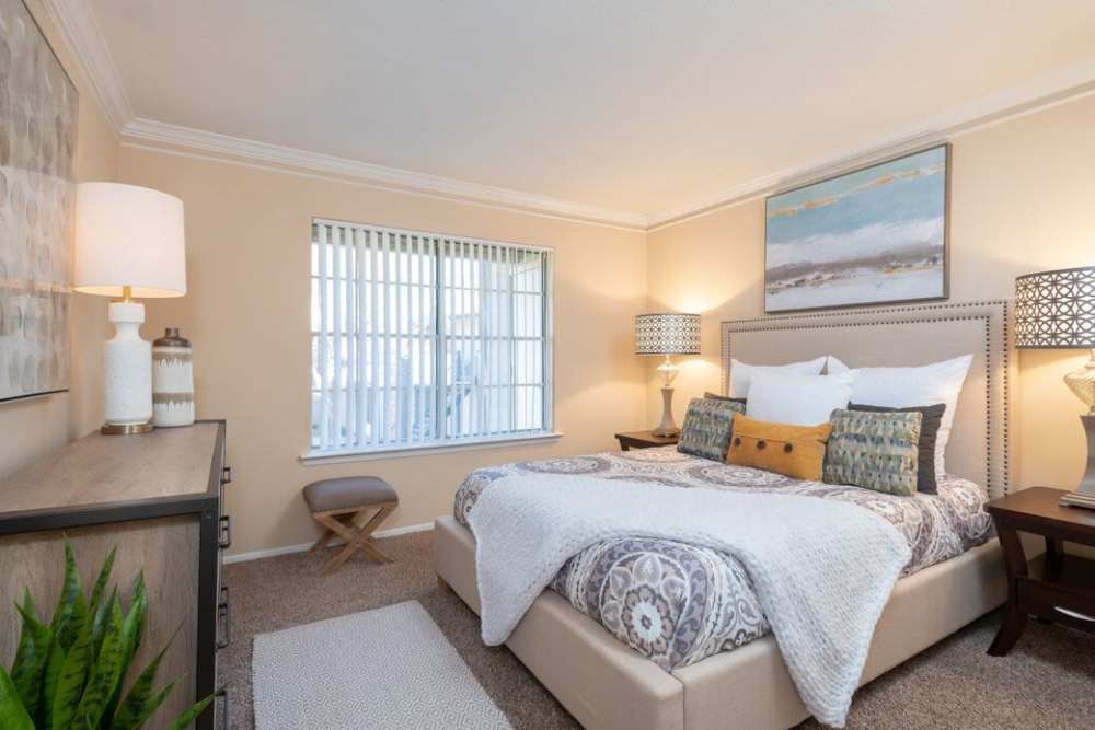 Modern apartment bedroom with king size bed and large window at The Pines of Palos Verdes in Mesquite, Texas