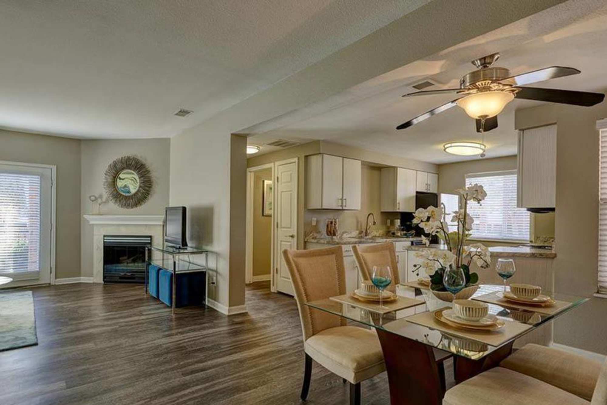 Well organized kitchen in an open floor plan at Villas at Homestead Apartments in Englewood, Colorado