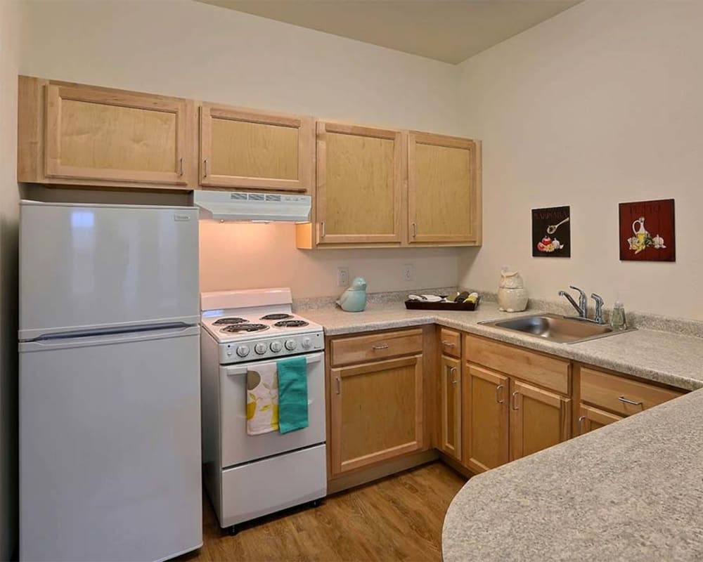 Full kitchens in apartments at Milestone Senior Living Cross Plains in Cross Plains, Wisconsin.