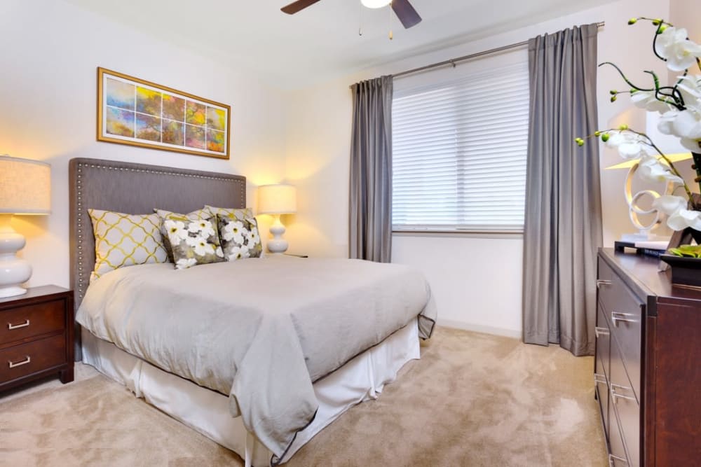Beautifully decorated bedroom at The Parc at Greenwood Village in Greenwood Village, Colorado