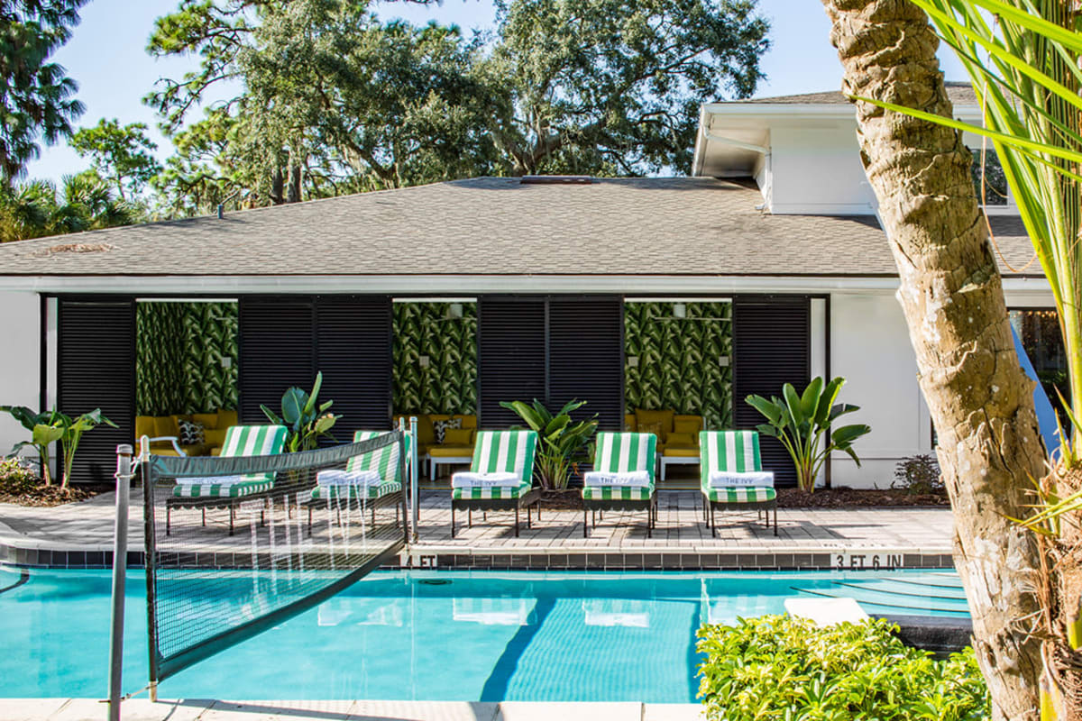 Volleyball net going across the awesome swimming pool so you can play games with friends at The Ivy in Tampa, Florida