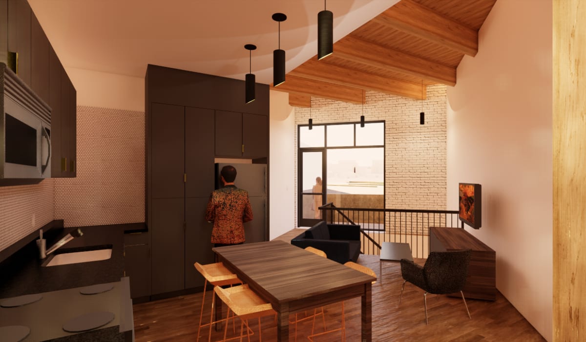 Rendering of a kitchen at Allegheny Branch House Lofts in Pittsburgh, Pennsylvania