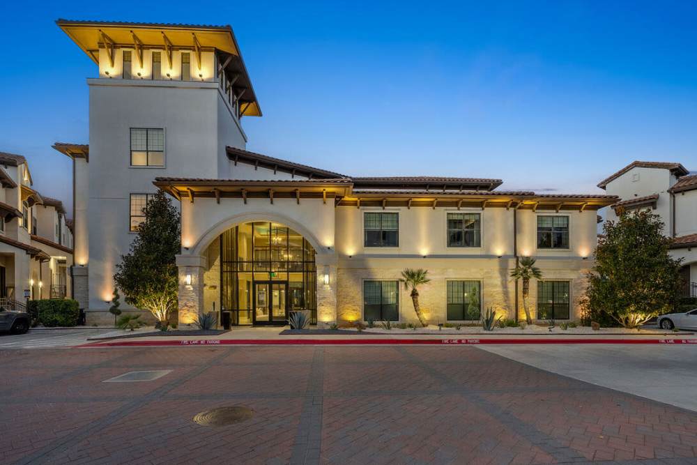 Twilight view of community apartment at Domain Memorial in Houston, Texas