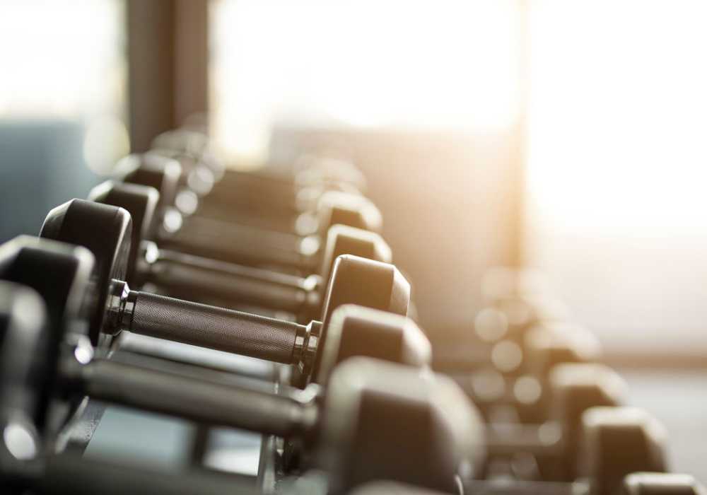 Free weights at fitness center at Brannigan Village in Winston Salem, North Carolina