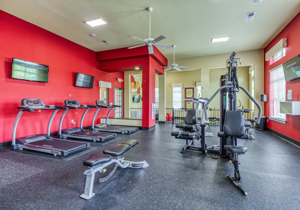 Large gym with ceiling fan, weight machines, treadmills, and free-weights rack and TVs at Glass Creek in Mt Juliet, Tennessee