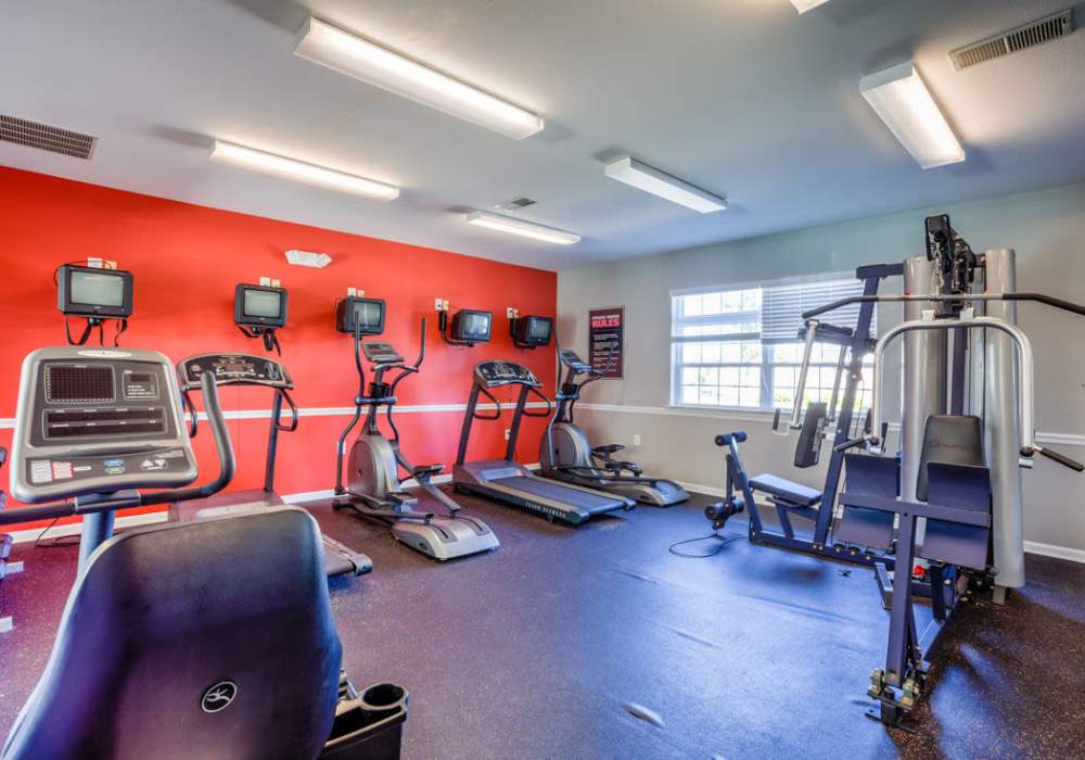 Fitness center with treadmills and weight machines at Deer Meadow Village in Columbia, South Carolina