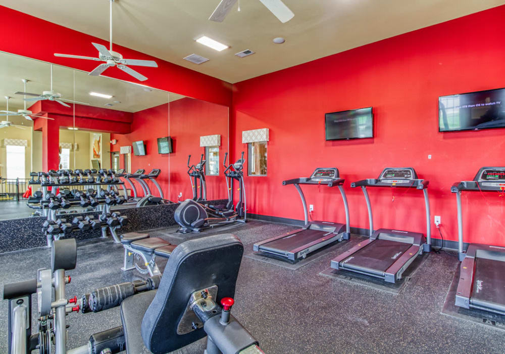 State-of-the-art fitness center with cardio machines and weights floor to ceiling mirror and TVs at Glass Creek in Mt Juliet, Tennessee