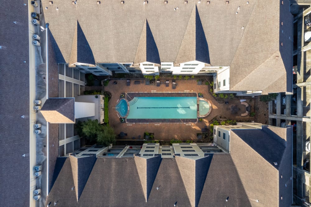 Birds eye view of the pool at The Margot on Sage in Houston, Texas