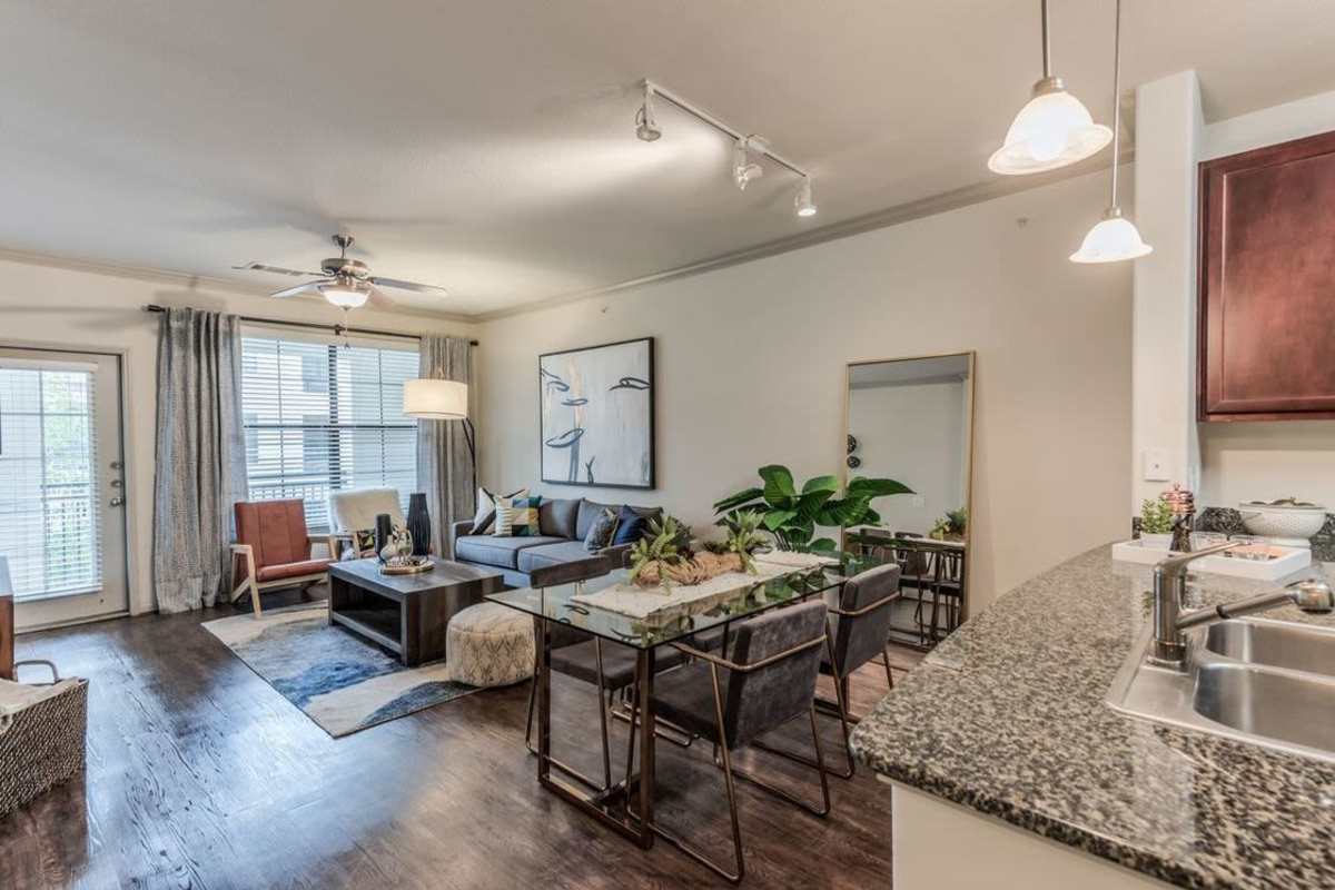 Model living room at Villas At Bunker Hill, Houston, Texas