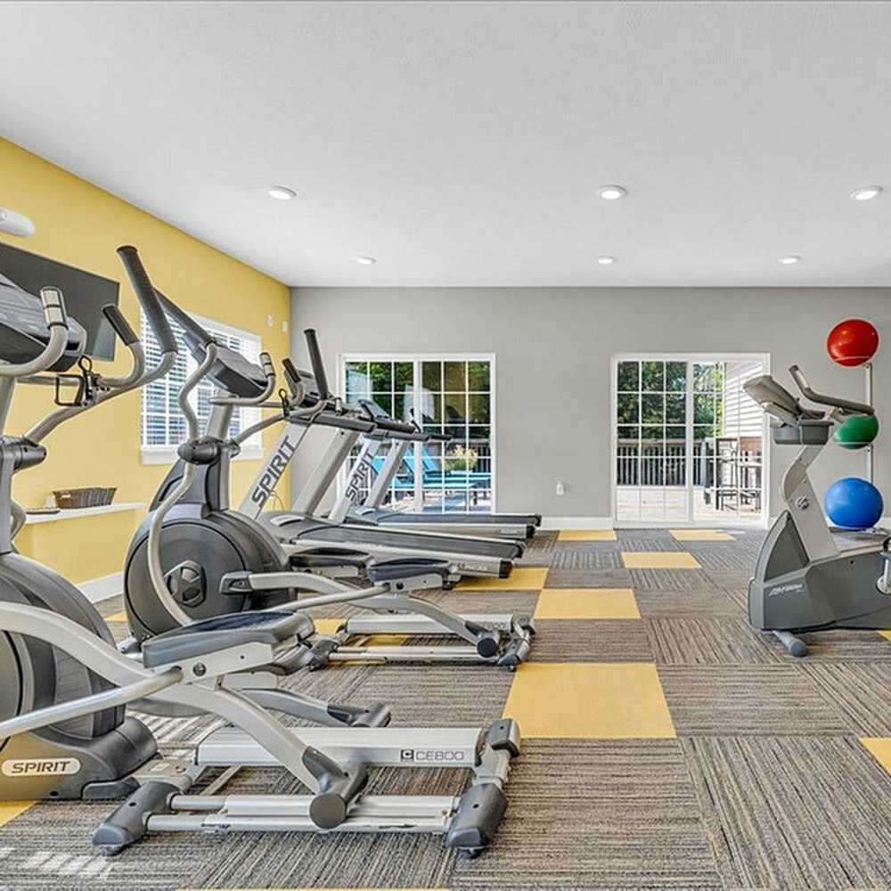 Bright indoor gym with treadmills, ellipticals, and exercise bikes at Timber View Apartments in Grand Haven, Michigan