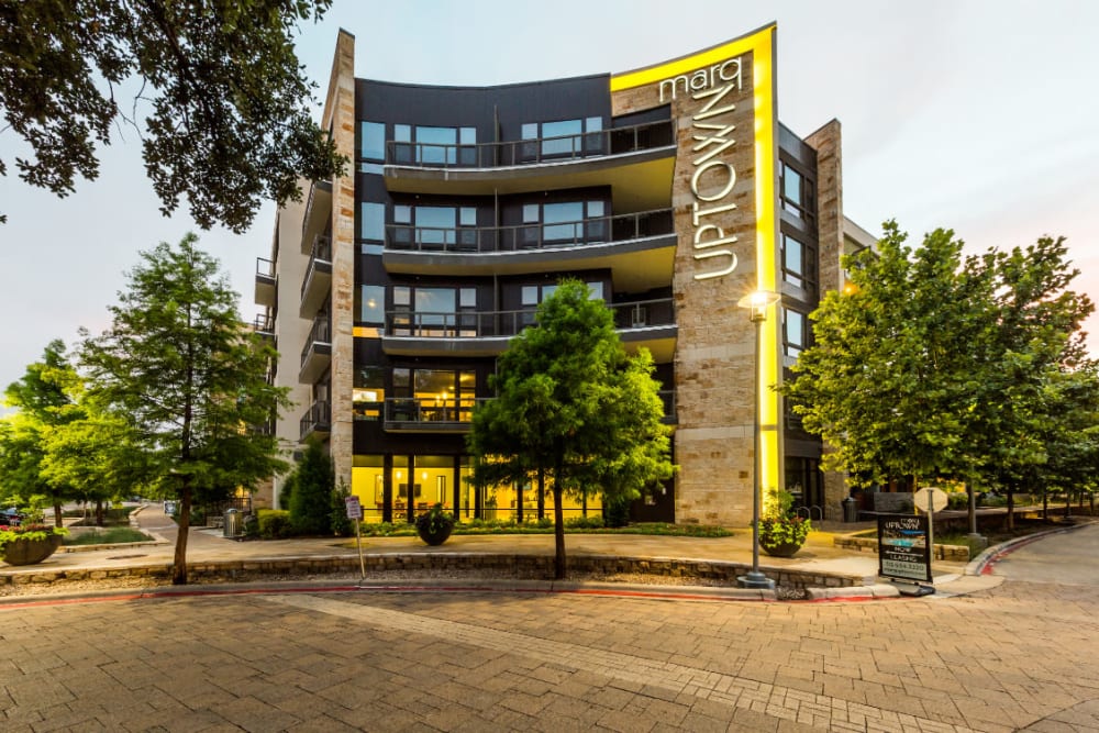 Main entrance street view of Marq Uptown in Austin, Texas