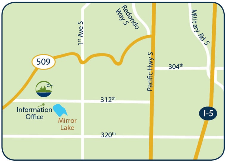 Map for Mirror Lake Village Senior Living Community in Federal Way, Washington.