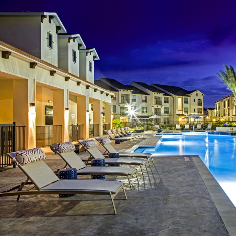 Poolside seating at The Standard at EastPoint in Baytown, Texas