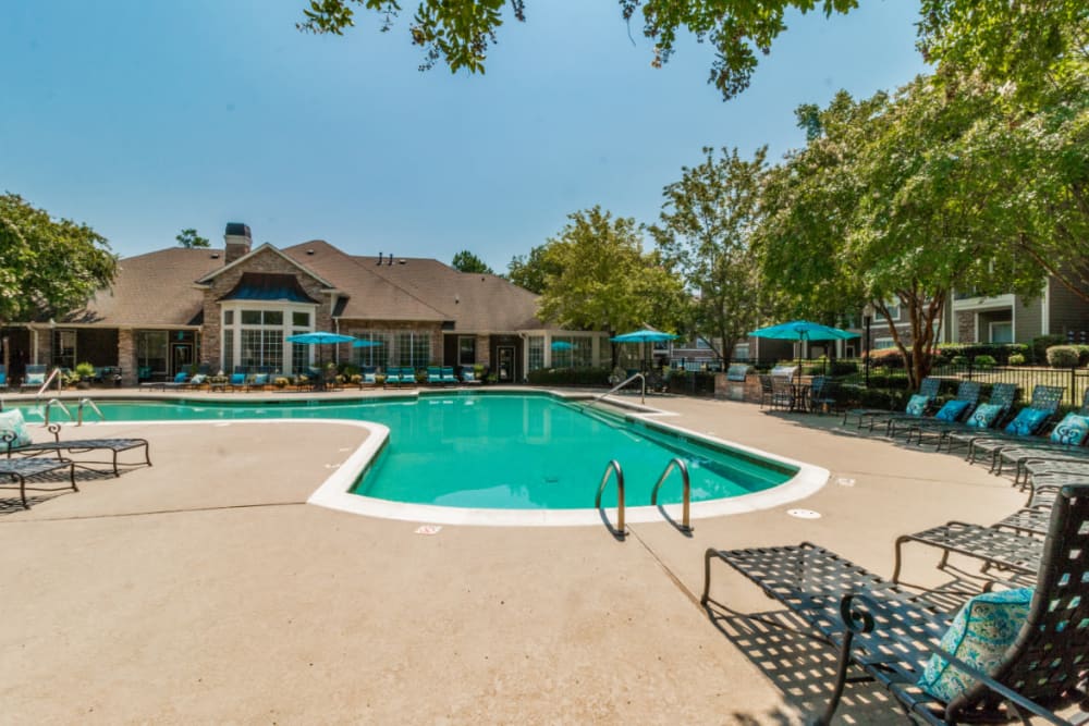 Lounge chairs next to deep end of pool at Marquis at Carmel Commons in Charlotte, North Carolina