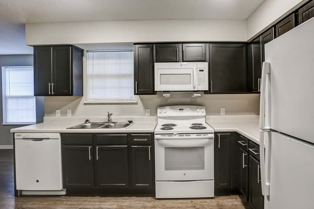 Kitchen with black wooden cabinets at Atz Place in Kendallville, Indiana