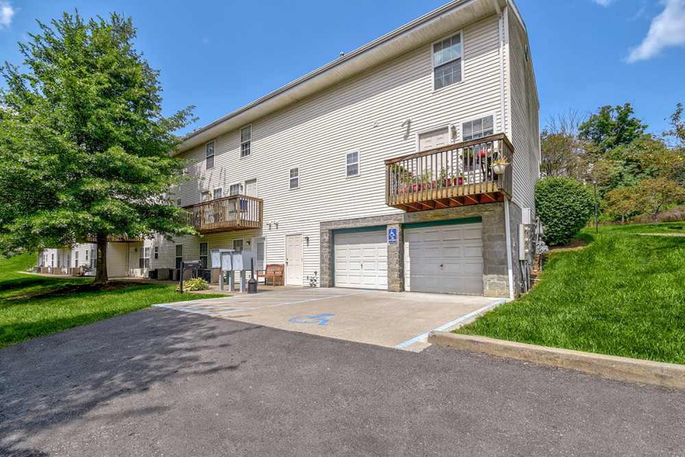 Backyard view of building and balcony at Greene Glen in Morgantown. WV