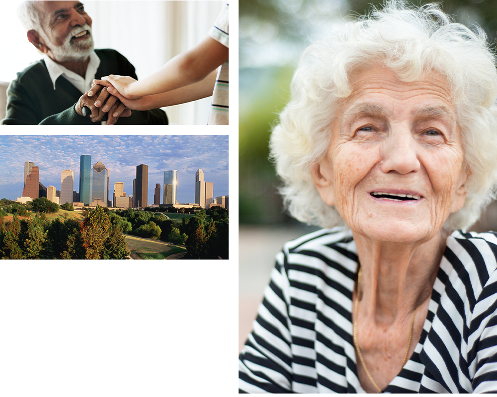 Collage of residents and plants at The Heritage of Meyerland in Houston, Texas