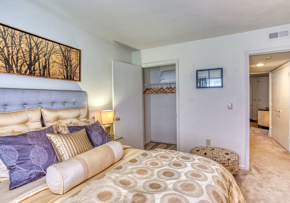 Comfortable bedroom with plush carpeting at Treybrooke Village in Greensboro, North Carolina