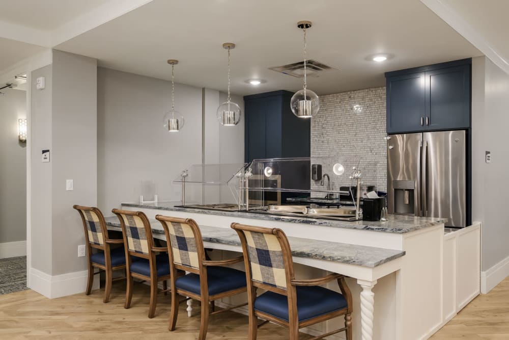 Bar seating in a community kitchen at Anthology of Anderson Township in Cincinnati, Ohio