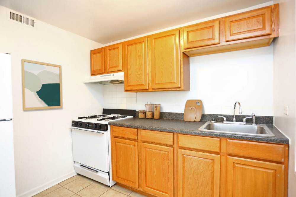 Spacious kitchen with range and wooden cabinets at Central Park in Park Forest,Illinois
