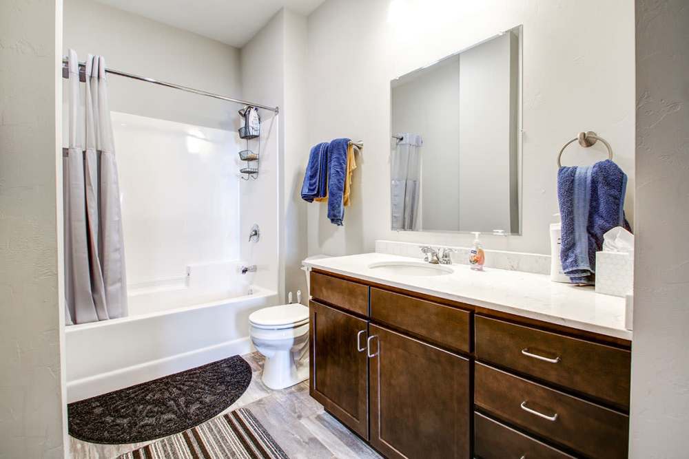 Modern bathroom featuring a tub shower combo, dark wood vanity, and stylish towels at Lloyd House II in Menominee, Michigan