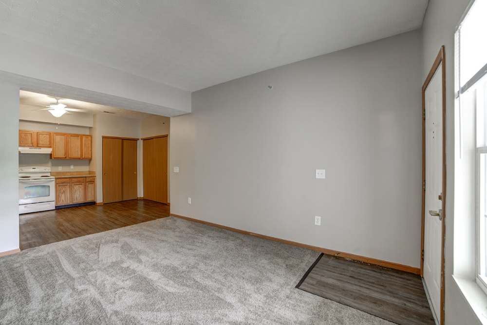 Carpet floored apartment with open kitchen at Ridgewood Greene in Reynoldsville, Pennsylvania