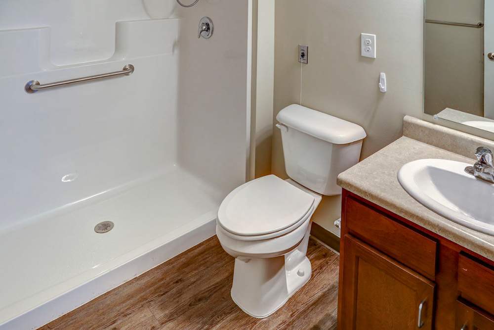 Modern bathroom with wood-style flooring, walk-in shower, and vanity with sink at Brea's Crossing Senior Living I in Shelbyville, Kentucky