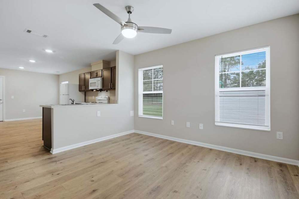 KItchen with access to living space at Prior Farms in Madison. GA