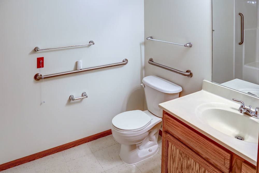 Accessible bathroom featuring grab bars, toilet, and sink with wooden cabinetry at Heritage Greene in Washington Court House, Ohio