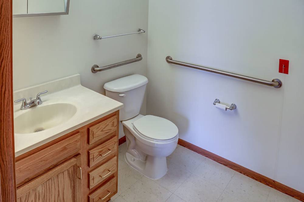 Accessible bathroom with grab bars, wooden cabinetry, and a neutral color scheme at Heritage Greene in Washington Court House, Ohio