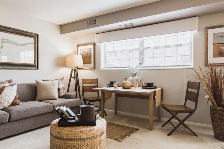 Well-decorated living area in model home at Westgate Apartments & Townhomes in Manassas, Virginia