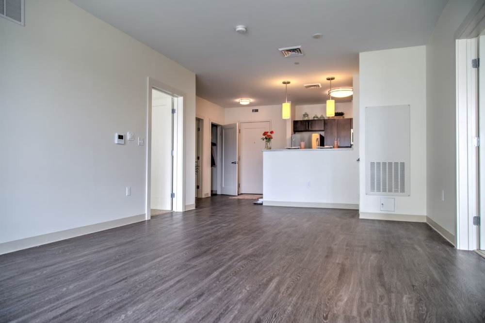 Unfurnished living room with wood-style flooring at Gateway North in Lynn, Massachusetts