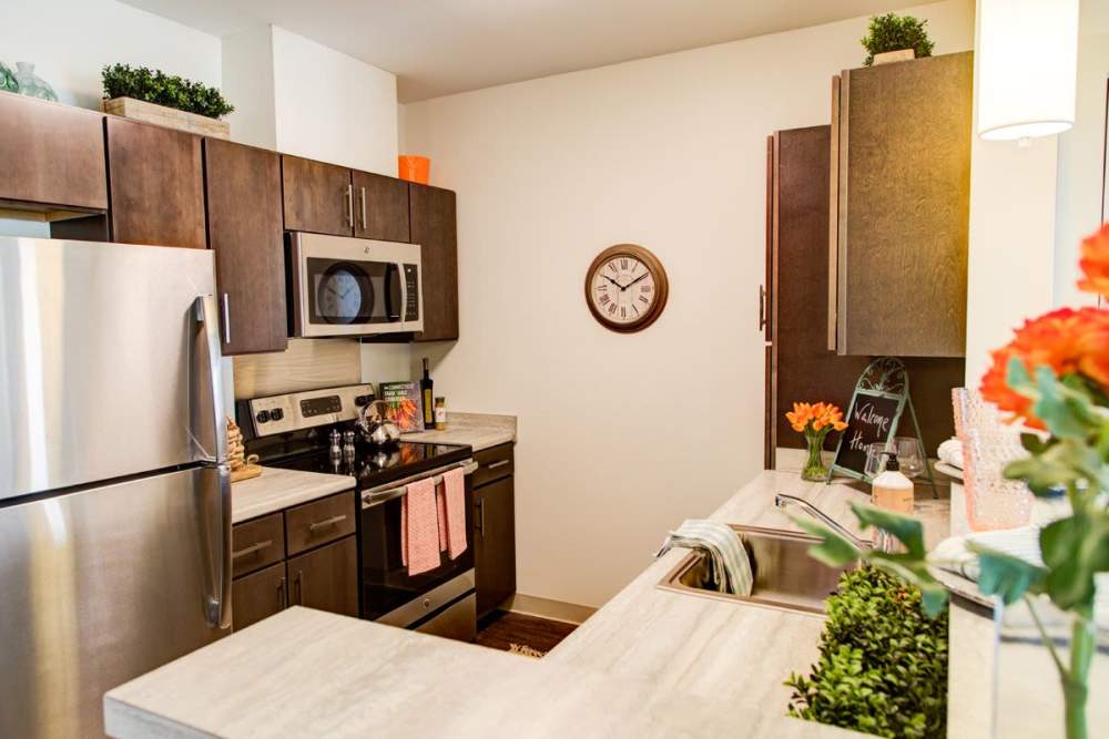 Kitchen with stainless-steel appliances at Gateway North in Lynn, Massachusetts