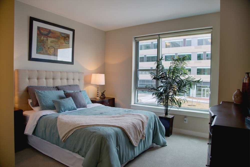 Cozy bedroom at Harbor Place Residences in Haverhill, Massachusetts