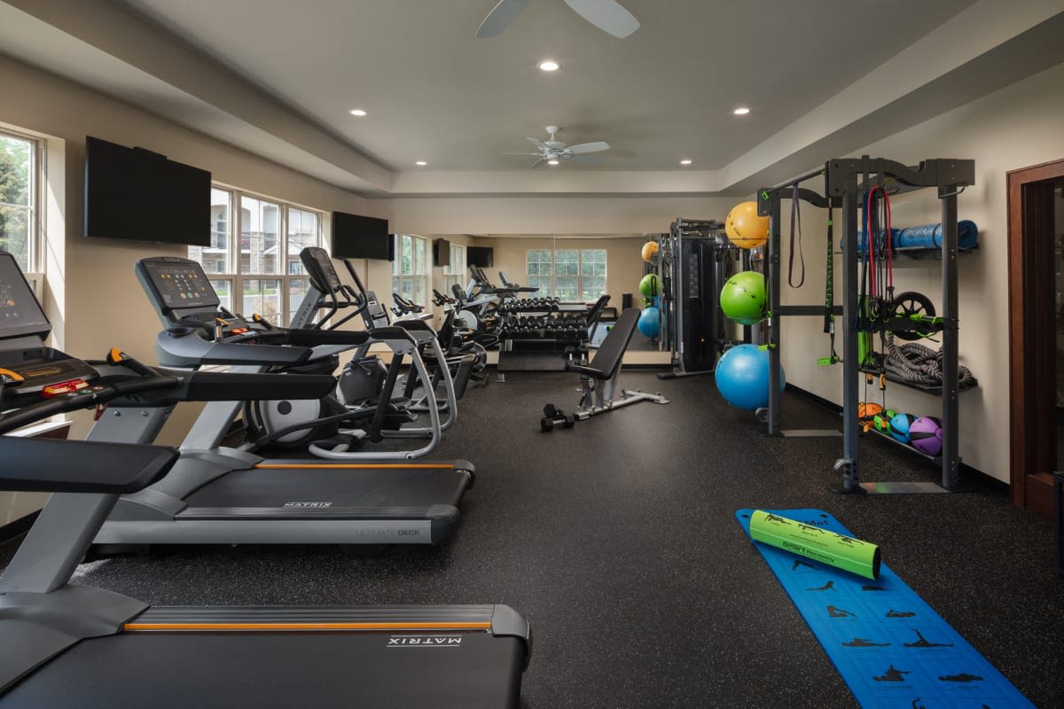 Well equipped fitness centre at Lake Pointe Apartments in Madison, Wisconsin