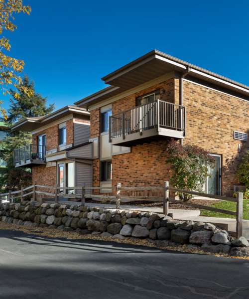 Exterior of apartment balconies at Schroeder Square Apartments in Madison, Wisconsin