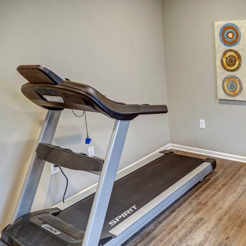 Treadmill in fitness room with wood-style flooring and modern wall art at Brea's Crossing Senior Living II in Shelbyville, Kentucky