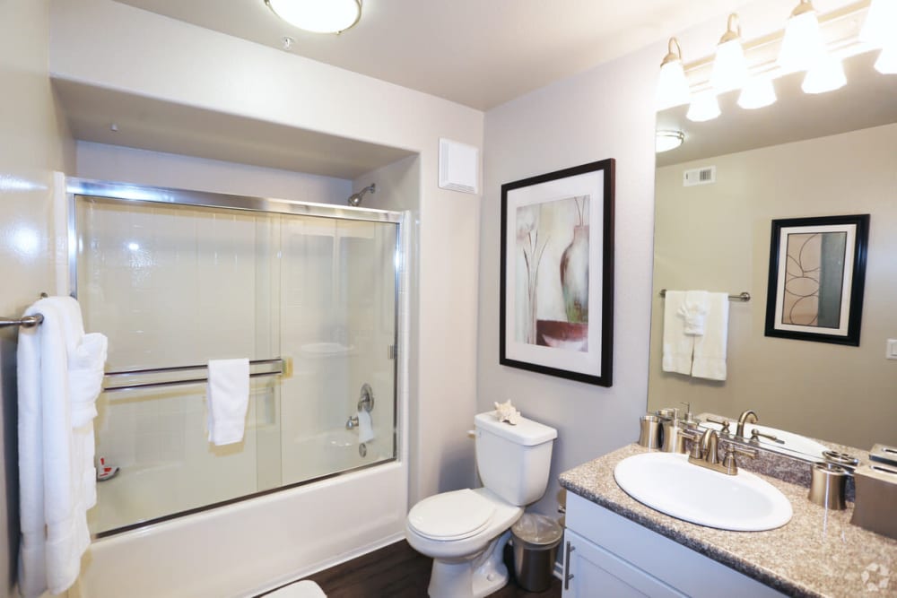 Bathroom with a large counter top space in a model home at Avery at Moorpark in Moorpark, California